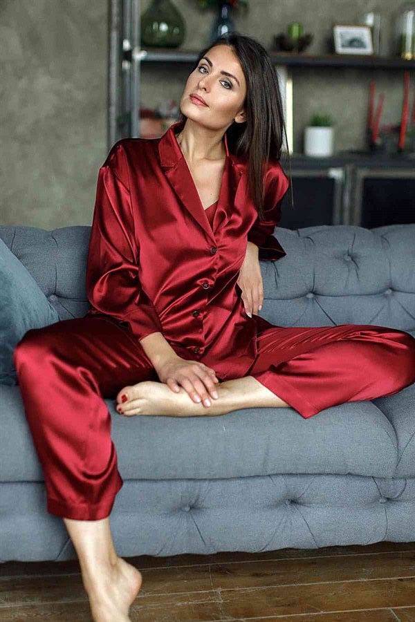 Saten Pijama Takım Kırmızı