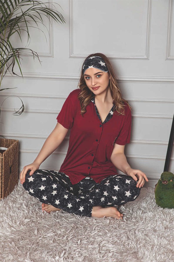 Kadın Pijama Takımı Kısa Kol Boydan Düğmeli Yıldız Desenli Göz Bantlı