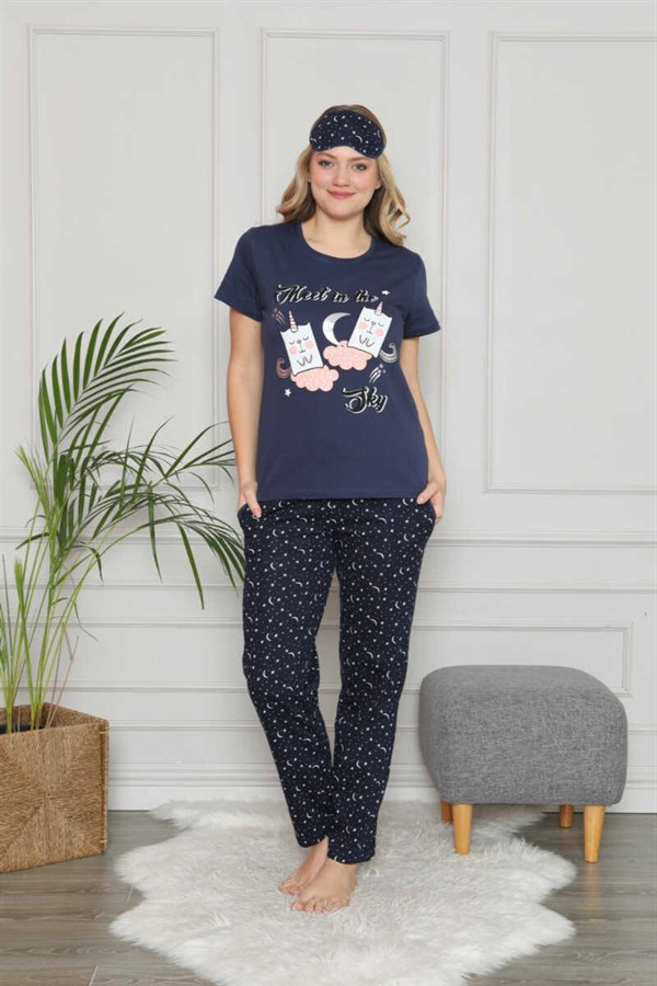 Kadın Pijama Takımı Kısa Kol Kedi-Bulut Baskılı