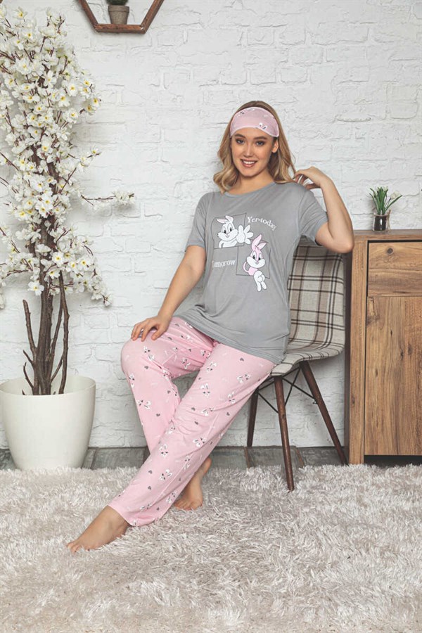Kadın Pijama Takımı Kısa Kol Tavşan Baskılı Göz Bantlı