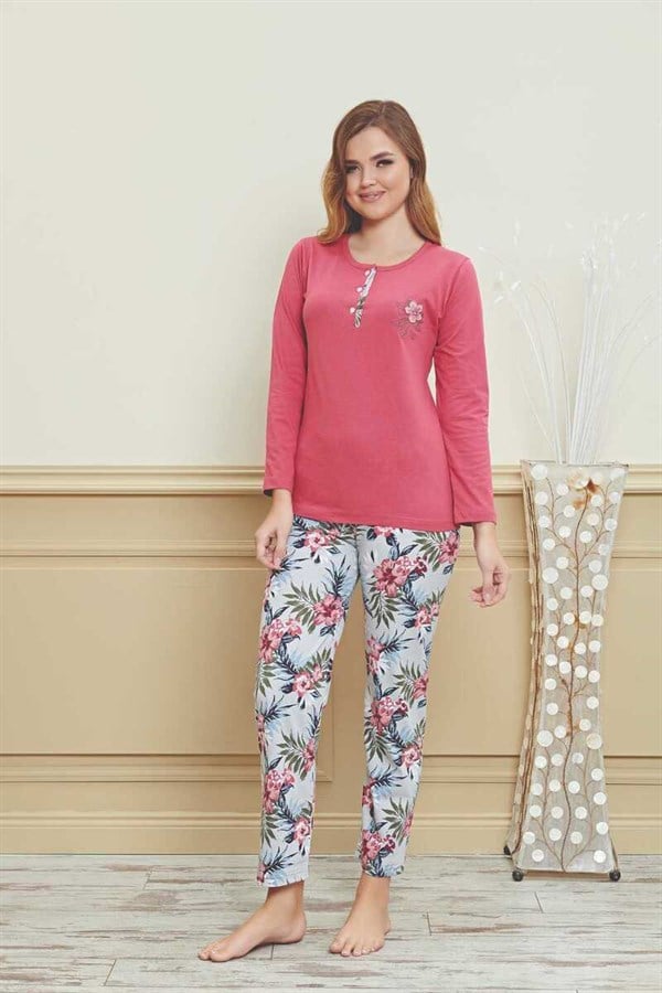 Kadın Pijama Takımı Uzun Kol Üç Düğmeli Çiçek desenli