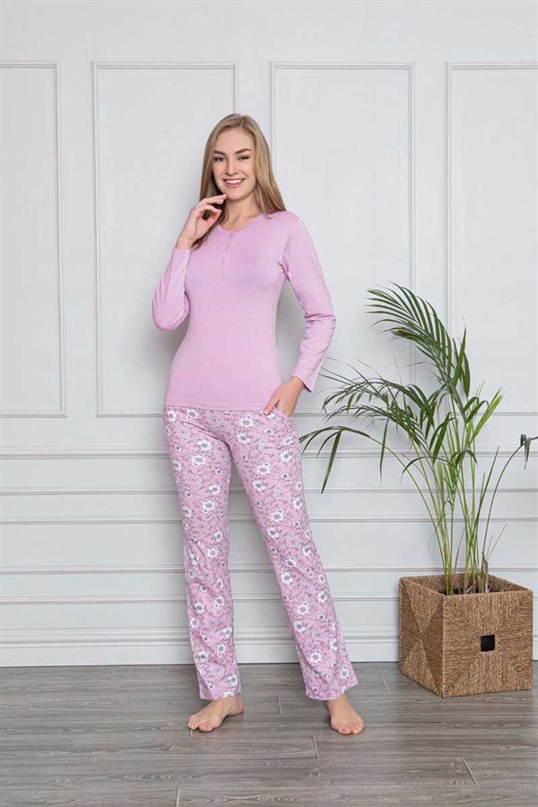 Kadın Pijama Takımı Uzun Kol Üç Düğmeli Alt Çiçekli Lila