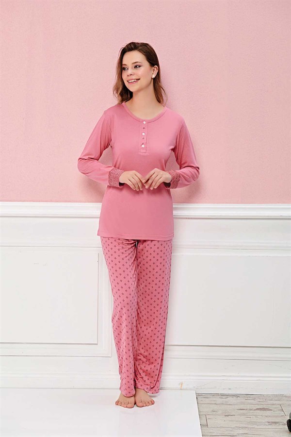 Markafon Kadın Pijama Takımı Büyük Beden Kol Ucu Dantelli 3 Düğmeli