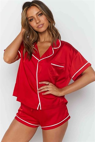 Merry See Ara Biyeli Saten Şortlu Pijama Takım Kırmızı