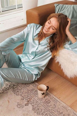 Merry See Saten Pijama Takım Hakim Yakalı Mavi