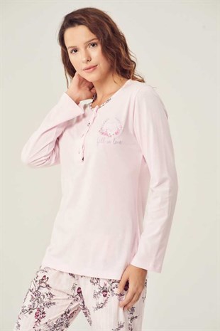 Düğmeli Uzun Kollu Kadın Pamuklu Pijama Takımı