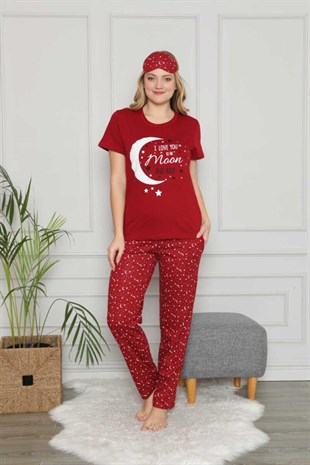 Kadın Pijama Takımı Kısa Kol Ay-Yıldız Baskı Göz Bantlı