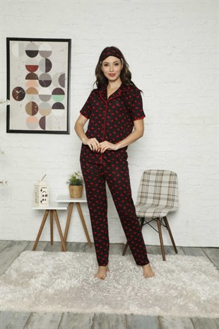 Kadın Pijama Takımı Kısa Kol Boydan Düğme Kelebek Baskı