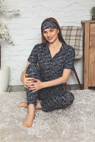 Kadın Pijama Takımı Kısa Kol Boydan Düğmeli Midye Desen