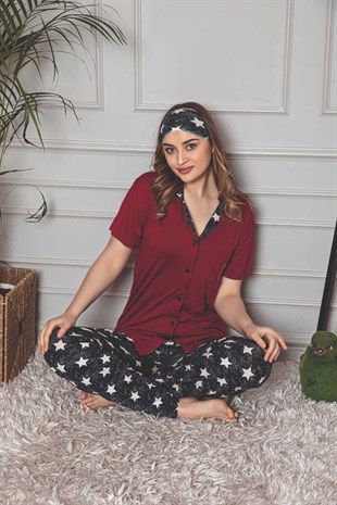 Kadın Pijama Takımı Kısa Kol Boydan Düğmeli Yıldız Desenli Göz Bantlı
