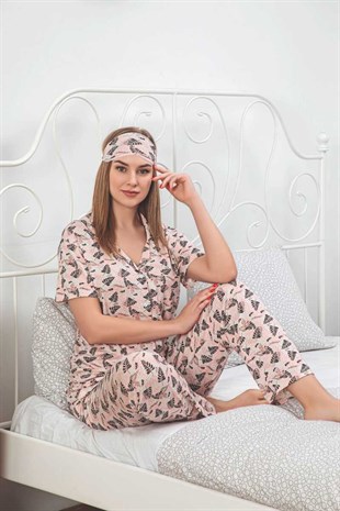 Kadın Pijama Takımı Kısa Kol Boydan Düğmeli Yaprak Desenli Göz Bantlı