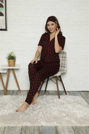 Kadın Pijama Takımı Kısa Kol Boydan Düğme Kelebek Baskı