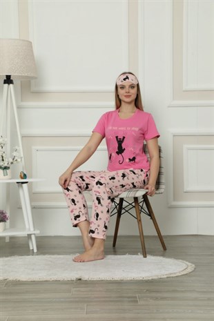 Kadın Pijama Takımı Kısa Kol Kedi Desenli Göz Bantlı