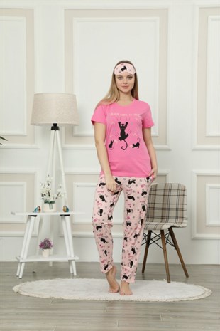 Kadın Pijama Takımı Kısa Kol Kedi Desenli Göz Bantlı