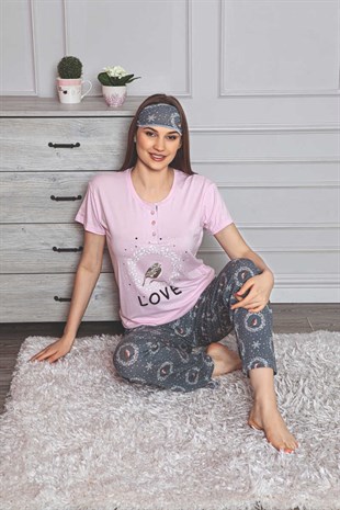 Kadın Pijama Takımı Kısa Kol Kuş Desenli Göz Bantlı