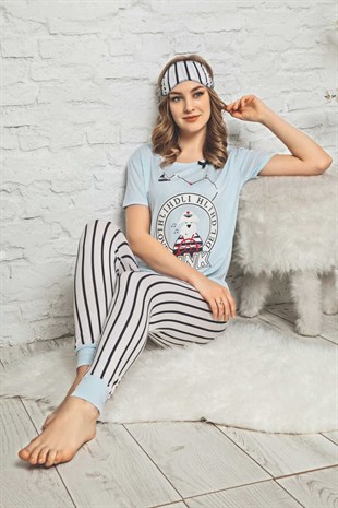 Kadın Pijama Takımı Kısa Kol Paçası Lastikli Göz Bantlı