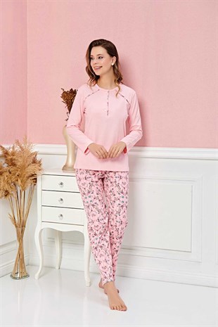 Kadın Pijama Takımı Uzun Kol 3 Düğmeli Çiçek Desenli Alt