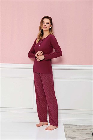 Kadın Pijama Takımı Uzun Kol 3 Düğmeli Dantel Detaylı Kol