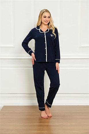 Kadın Pijama Takımı Uzun Kol Gömlek Yaka Biye Detaylı