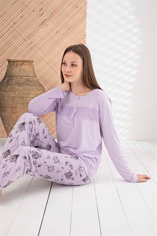 Kadın Pijama Takımı Uzun Kollu 4 Düğmeli Alt Çiçek Desenli