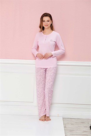 Markafon Kadın Pijama Takımı Büyük Beden Çiçek Desenli Kol Ucu Dantelli 3 Düğmeli - Pembe