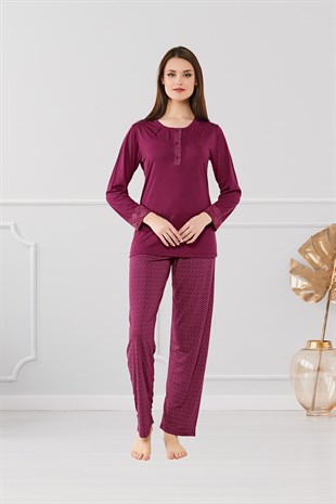 Markafon Kadın Pijama Takımı Uzun Kol 3 Düğmeli Dantel Detaylı Kol