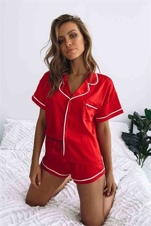Merry See Ara Biyeli Saten Şortlu Pijama Takım Kırmızı