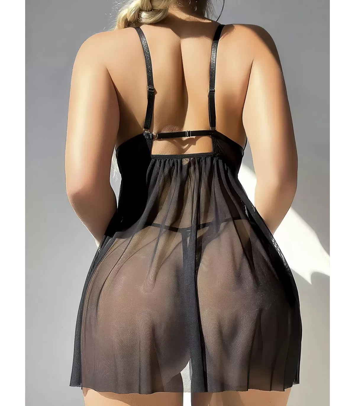 Kadın Siyah Dantel Detaylı Transparan Babydoll Gecelik