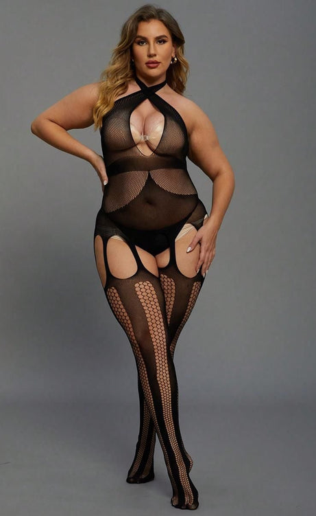 Büyük Beden Siyah Body Çorap – Transparan Detaylı Tasarım