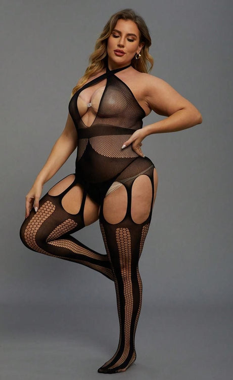 Büyük Beden Siyah Body Çorap – Transparan Detaylı Tasarım