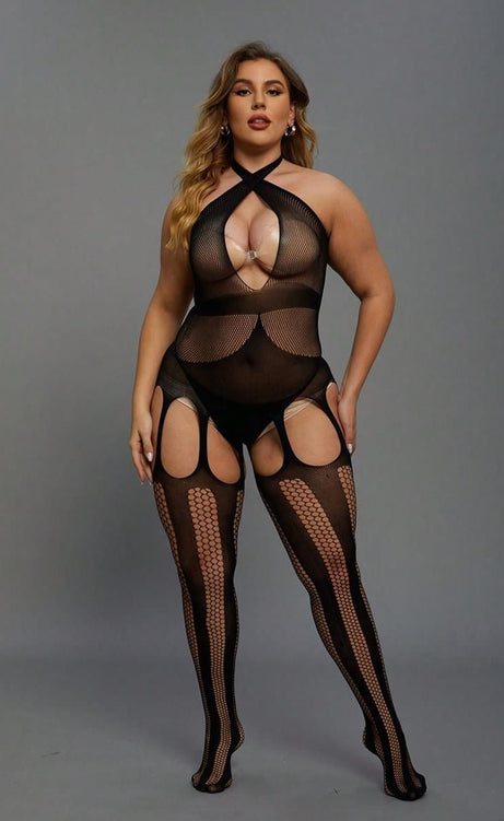 Büyük Beden Siyah Body Çorap – Transparan Detaylı Tasarım