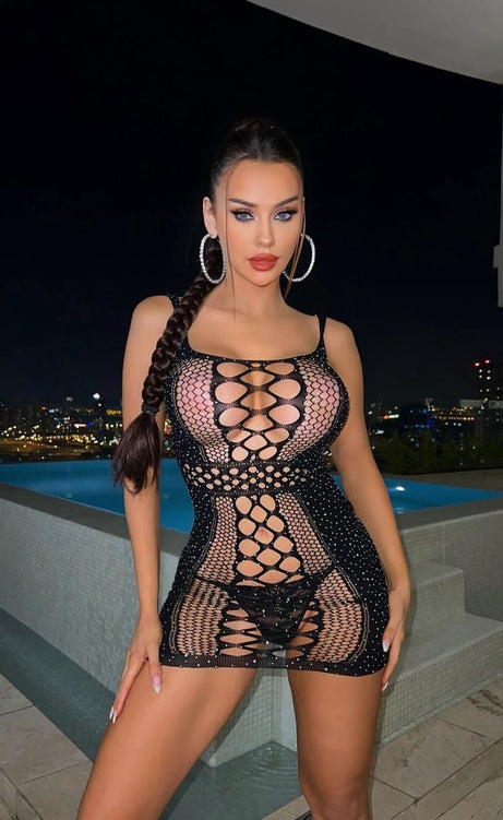 Siyah Transparan Mini Elbise Body Dress – Taş Detaylı Gece Şıklığı