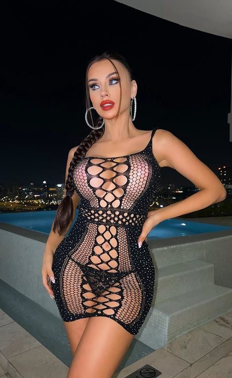 Siyah Transparan Mini Elbise Body Dress – Taş Detaylı Gece Şıklığı