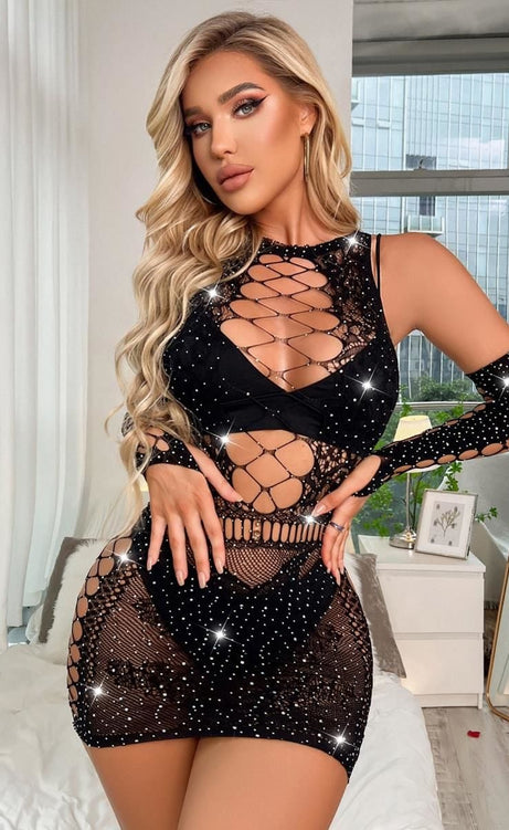 Siyah Taşlı Transparan Mini Elbise – Işıltılı Gece Şıklığı