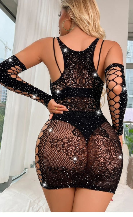 Siyah Taşlı Transparan Mini Elbise – Işıltılı Gece Şıklığı